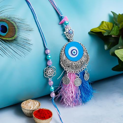 Image of Bhai Bhabhi Rakhi Set - Peacock Designer Rakhi with Stone & Pearl Work Lumba with Tassel for Bhabhi | Raksha Bandhan Gift