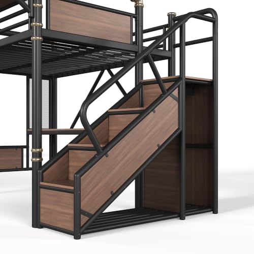 Image of Bellemave Full loft Bed with Storage Stairs, Wardrobe, Shelves, Metal Full Loft Bed Frame for Adults, Kids, Teens, Black+Natural Wood with Black Stairs