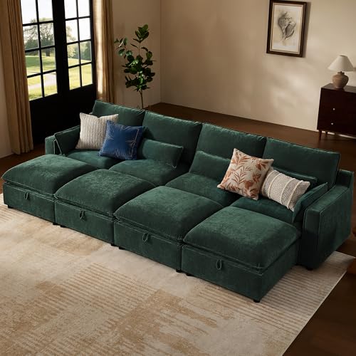 Image of WorthFurni Modern Modular Sectional Sofa,134 inch Sleeper Sofa Bed Sectional Cloud Couch with Storage Ottoman,Comfty 8 Seat Sofa for Living Room,Green Chenille