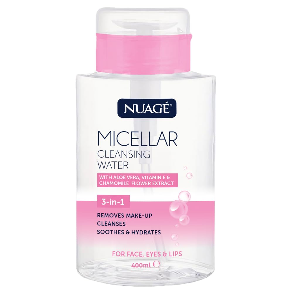Nuage Micellar Cleansing Water with Aloe Vera, Vitamin E & Chamomile Flower Extract | Gently Removes Makeup, Cleanses, Soothes & Hydrates Skin | For Face, Eyes & Lips (400ml with Pump Dispenser)