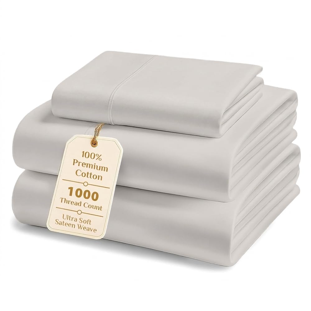 Twin Size Sheets, 1000 Thread Count 100% Cotton 3-Piece Bed Sheet Set, 15-Inch Deep Pocket, Soft Breathable Cooling Sateen Hotel Bedding, Ivory