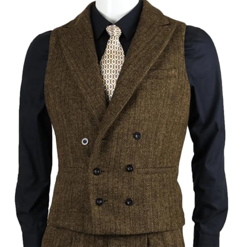 Men Brown Herringbone Tweed Slim Fit Waistcoat Double Breasted Sleeveless For Wedding Party Prom Suit Vests2