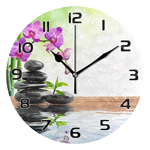 COZYhome Horloge murale moderne japonaise zen en pierre et orchidée - Horloge murale ronde silencieuse sans tic-tac, fonctionne à piles pour salon, chambre,...