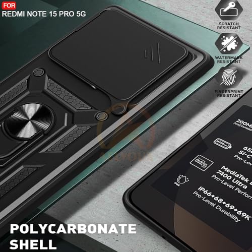 Image of Armor Bumper Back Cover Case for Redmi Note 15 Pro 5G Rotating Camera Cover, Ring Holder & Kickstand | Heavy Duty & 360 Degree Protection Redmi Note 15 Pro 5G Back Cover (Black)