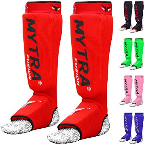 Mytra Fusion Shin Pads Instep Protector Kick Boxing Muay Thai Training Elasticated Shinpads (Red, S/M)