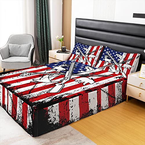 Erosebridal Teen Boys Hunting Fishing Bed Skirt For Men King Grunge American Flag Bedskirt Wild Animal Bass Fish Duck Deer Bear Bedding Set Red Blue Black White Bed Skirts 3 Pcs #TOP1