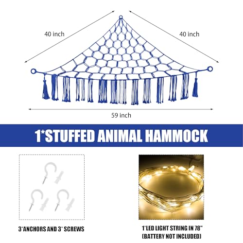 Image of CERETIA Stuffed Animal Hammock with LED Light, Toy Hammock for Stuffed Animals Storage for Kids Room Decor, Stuffed Animal Hammock Corner, Royal Blue