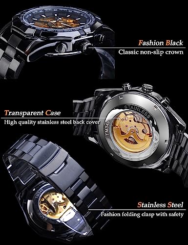 Image of FORSINING Men's Watch Self-wind Skeleton Hollow Out Mechanical Automatic Luxury Watches, Blue Black Stainless Steel Band Waterproof Wristwatch