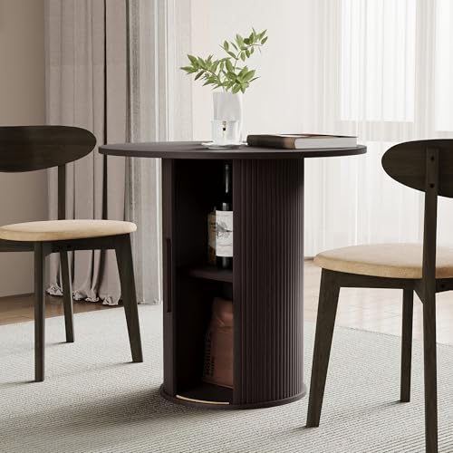 Image of 31.5 inch Round Dining Table for 2-4, Modern Kitchen Table with 2-Tier Storage Shelf, Small Wooden Circle Dining Tables with Fluted Base for Home Dining Room Living Room (Blackened Brown)