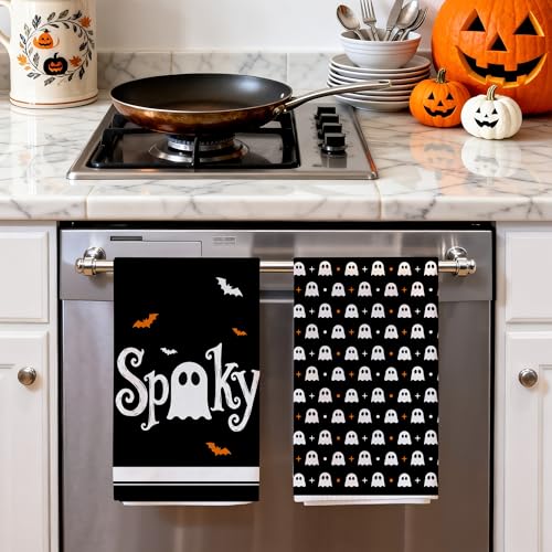 Image of Hexagram Halloween Kitchen Towels, Ghost Spooky Halloween Hand Towels | Black Dish Towel, Ghost Bathroom Decor, Sets of 2, 18 inchx28 inch, Gifts