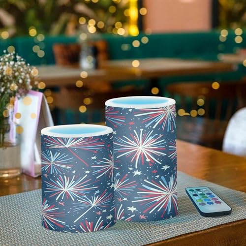 Image of ALAZA Fireworks Blue Red 4th July Flickering Flameless Candles Battery Operated with Remote Timer,Tea Light Candles LED Pillar Votive Patriotic Candles Set of 2 for Outdoor Indoor Decorations