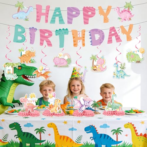 Image of Girl Dinosaur Party Decorations, 14 PCS Pastel Dino Happy Birthday Banner Hanging Swirls Table Decor, Pink Girly Cute Dinosaur Bday Party Supplies
