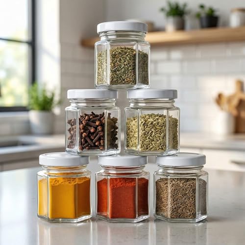 Image of Cute Hexagonal 50 grams Airtight Glass Jar Containers for Honey, Spices & other Kitchen Items with Rust Proof White Color Caps -Set of 06