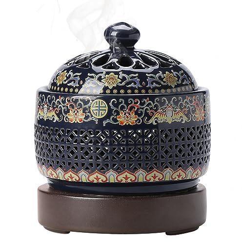 Ceramic Holder Electric Incense Burner Enamel Built-in LED Lights Simulate Flames Classical Elegant and High-end Hollow Design