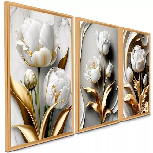Kit 3 Quadros Flores Flor Tulipas Branca Dourada Ouro Amor