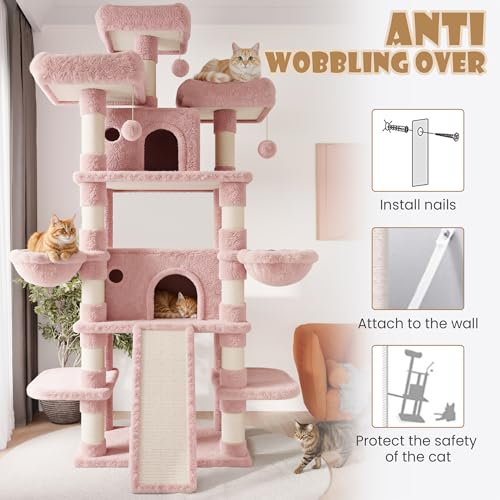 Image of SHA CERLIN 81 Inches Extra Large Cat Tree for Indoor Adult Cats /XXL Big Cat Tower with Condo /Cozy Perches /Sisal Scratching Posts and Hammocks /Activity Center /F80 /Heavy Duty /Pink