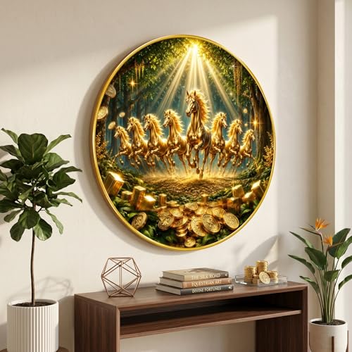 Image of SAF 7 Horse Vastu Round Wall Painting with Premium PVC Golden Frame, Golden Running Horses Wealth Coins Forest Art for Living Room Office Home Decor (12 x 12 Inch) GRS-438