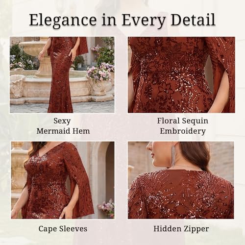 Image of Plus Size Formal Dresses for Women with Embroidery Sequin and Cape Sleeve, V-Neck Maxi Dress for Wedding and Party