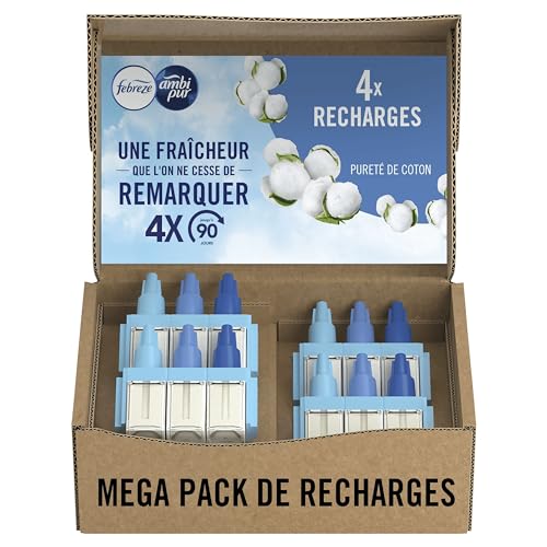 Febreze Désodorisant Électrique, Méga Pack de Recharges (4 Recharges de 20ml avec 3 Parfums en Alternance), Parfum Pureté de Coton, Combat les Odeurs en...
