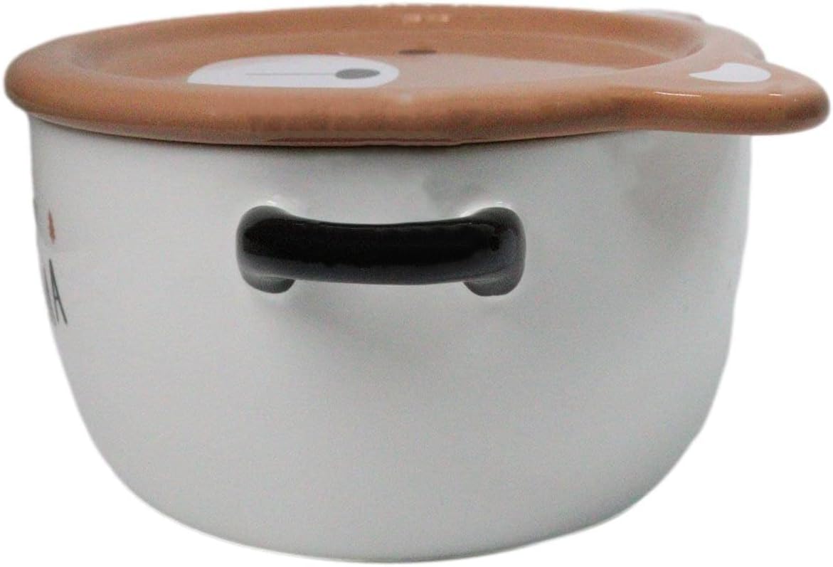 Ebros Pack Of 2 Stoneware Porcelain Noodle Miso Soup Rice Dessert Food Bowls 25Oz With Kuma Bear Face Condiment Lid Plate And Side Handles Kids Children Dining Bowl Servewares (Brown)