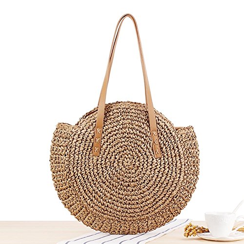 Leo565Tom Sac de Plage Sac Paille Femmes Nouveau Naturel Tissé à La Main Paille Cabas de Rond Été Plage Bourse Tissage Sac à L'épaule Sac à Provisions Grand Capacité Sac de Vacances