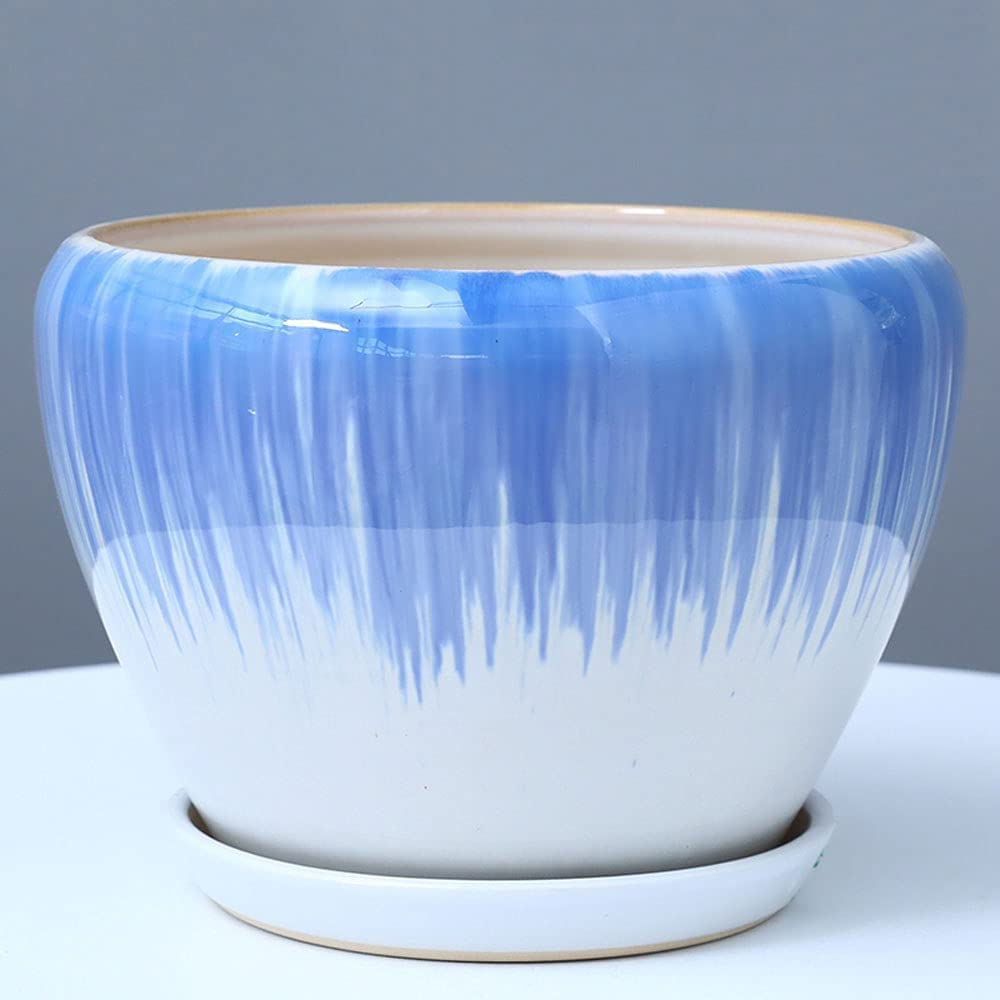 SWENEEN Planter With Drain Hole Saucer Modern Round Decorative Hand-Printed Coloured Ceramic Flower Pot Indoor,Home Decor,Blue-18.5CM