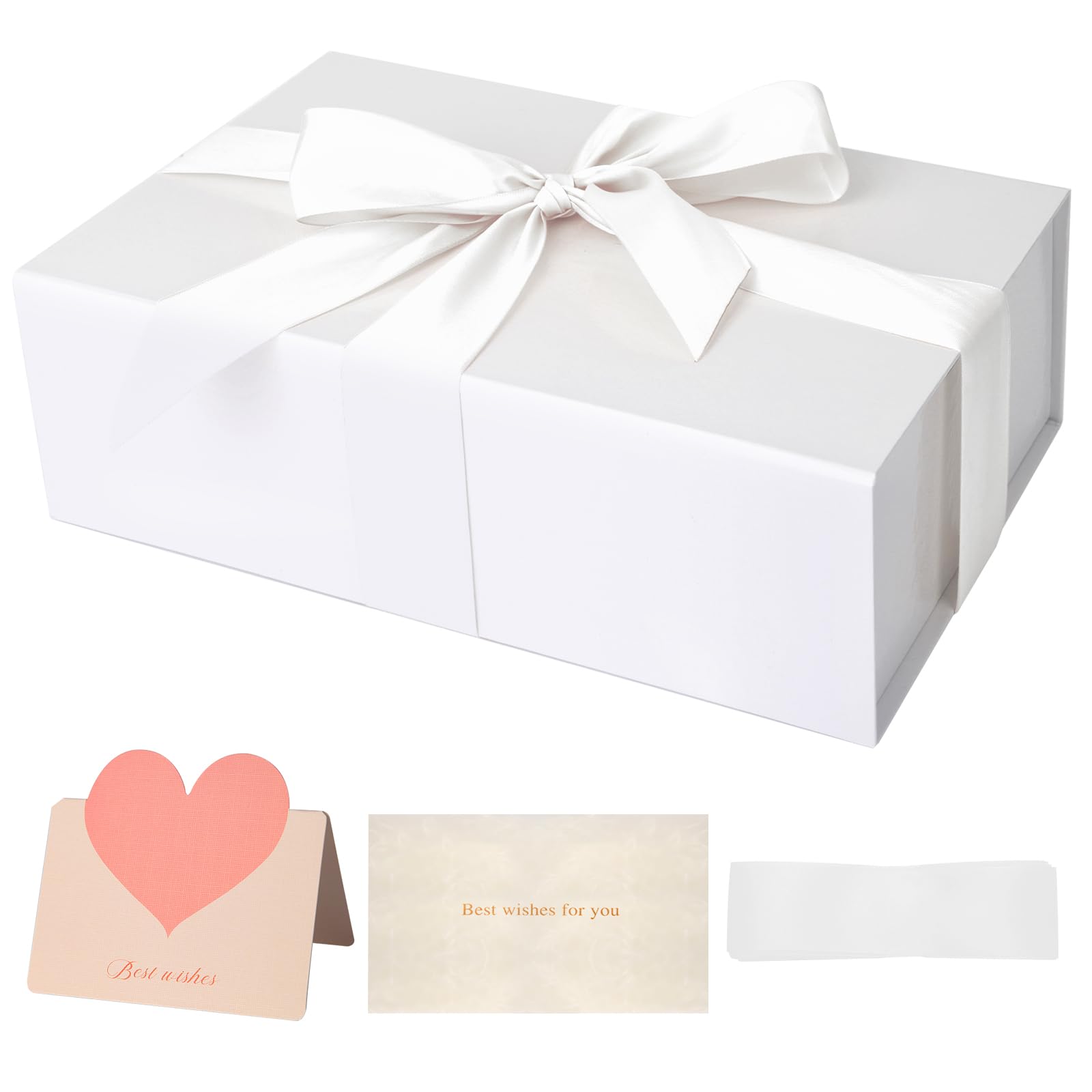 ZUVYRO White Gift Box 11’’x7.2”x3.5”, Glossy Magnetic Gift Box with Lid for Present Contains 1-1/2’’ Widened Ribbon, Liner Paper, Card for Christmas,