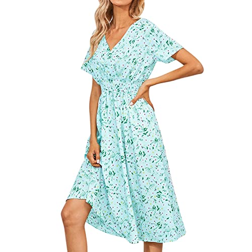 Vestido de tirantes espaguetis para mujer, elegante vestido de noche con estampado floral casual con cuello en V, vestido de manga corta acampanada, vestido de moda de playa, verde, XL