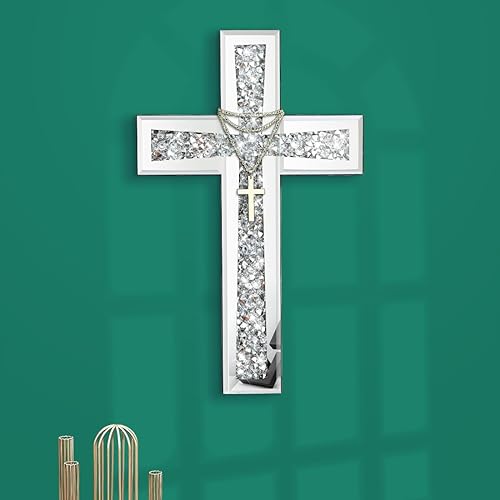 Aeveco Espejo de cruz plateada para decoración de pared, cruz de espejo de diamante aplastado de cristal para sala de estar, dormitorio, decoración