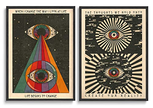 Lot de 2 affiches murales rétro hippie, yeux psychédéliques des années 70, peinture sur toile,...