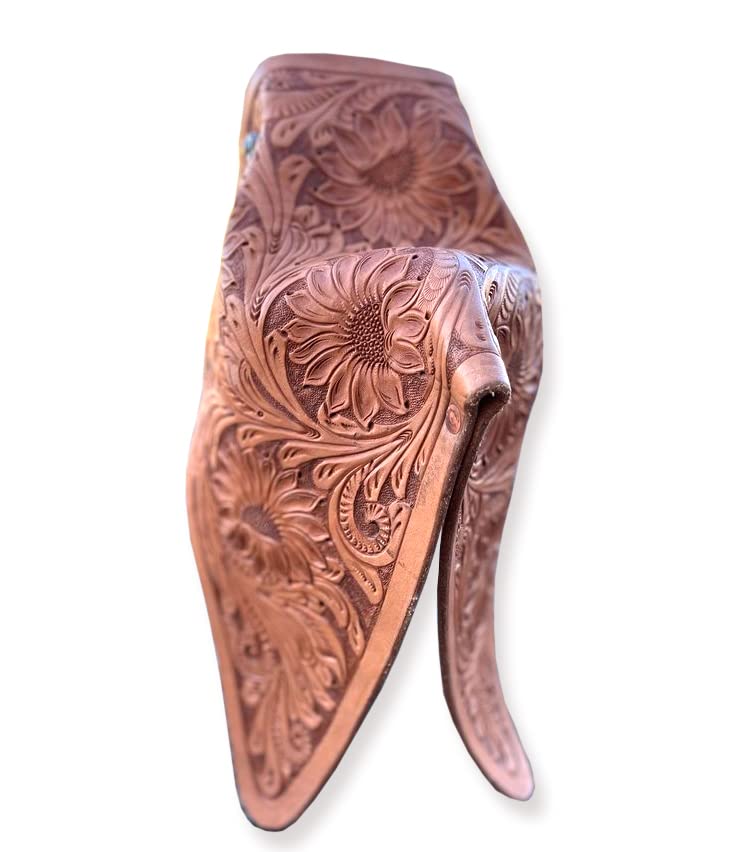 Handmade Rough Out Leather Tapaderos Stirrups For Western Saddles - Pair, Tooled Leather With Bull Nose Design