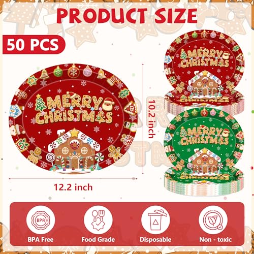QZYL 50 Pcs Christmas Oval Paper Plates, 12.2"x 10.2" Party Dinnerware Gingerbread Plates, Disposable Plates Colorful Christmas Party Decorations, Xmas Tableware for Holiday Dinner Gatherings Decor – Image 3