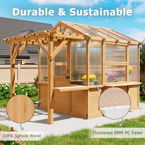 Image of EROMMY 7x11 FT Spruce Wood Greenhouse with Pergola, Walk-in Outdoor Greenhouse Kit with Polycarbonate Panels, Top-Hung Windows, Built-in Workstation & Staging Shelves for Backyard Garden