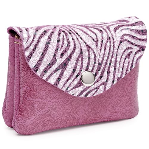 Blanck Monedero Tarjetero Piel Fuelle Solapa Cebra Fucsia Mujer. Cierre Estampado con Broche y Cremallera Interior. Tres Compartimentos. Medidas 11 x 8,5 x 2,5 cm y 63 gr. Fabricado en España.