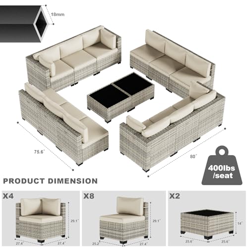 Image of Outdoor PE Wicker Rattan Modular Patio Sectional Sofa Set | 14-Piece: 12 Modular Seats & 2 Coffee Tables, Ivory