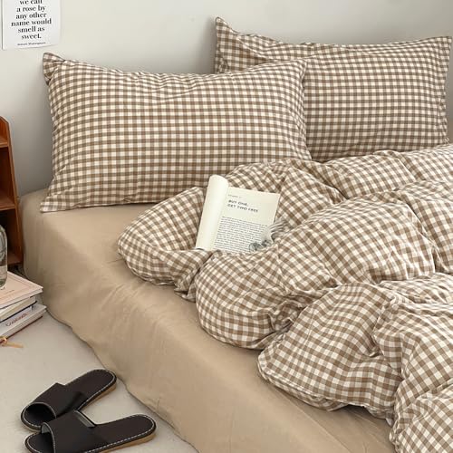 Image of Nayoroom Brown Gingham Duvet Cover Twin Size Tan White Plaid Checkered Duvet Cover Grid Dorm Bedding Set 2 Pieces Soft Lightweight Washed Microfiber Farmhouse Bedding with Pillowcases