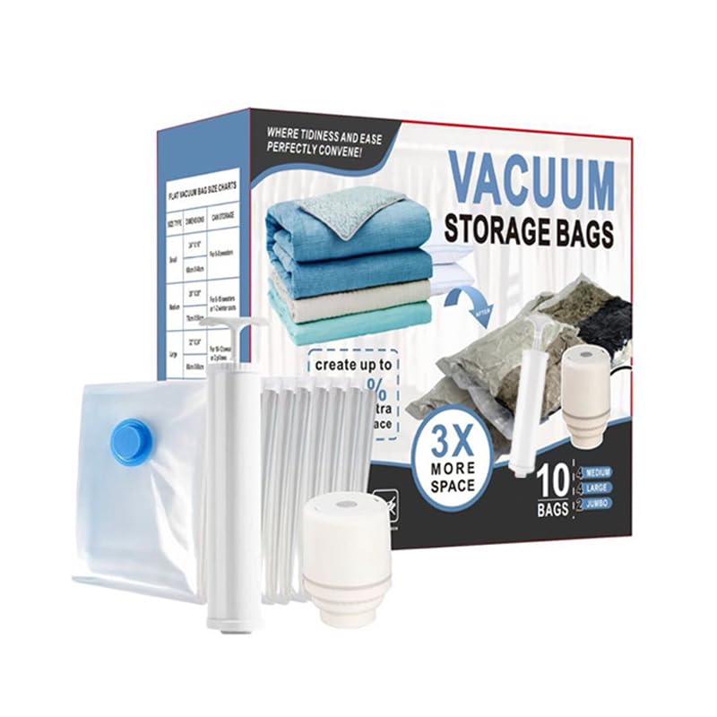 10 Pack Vacuum Storage Bags with Hand Pump,Double zipper sealing, 2 Jumbo + 4 Large + 4 Medium Vacuum Seal Bags for Clothing,Blankets,Comforters (10, Electric Pump)
