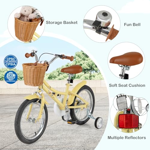 Image of BABY JOY Retro Kids Bike, 12 14 16 18 Inch Child Bike for 3-8 Years Old w /Rattan Basket, Adjustable Height, Training Wheels, Fenders, Handbrake Coaster Brake, 95% Pre-Assembled Kids Bicycle for Girls