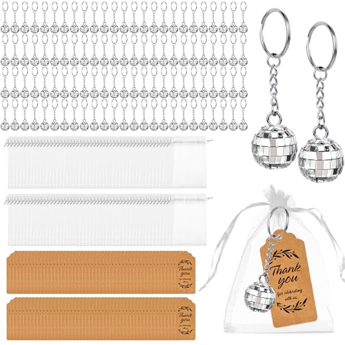 BUWUSMU 100 Sets Mirror Disco Ball Keychain with Organza Bags and Thank You Tags Mini Disco Ball Decorations Bulk for 70s 80s Party Favors Disco Theme Birthday Halloween Christmas Party Gifts