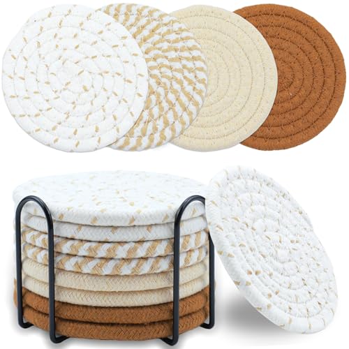 8 Pcs Drink Coasters with Holder, Minimalist Cotton Woven Coaster Set, 4 Colors Absorbent Coaster Protection Protection for Various Cups, Ideal for Coffee Tables and Home Decor Tabletop, 4.3 Inches