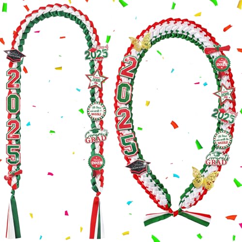 Suncalla 2pcs Graduation Leis Class of 2025 Mexican Money Ribbon Leis for Graduation Necklace with Glittery Pins Braided Ribbon Garland for Grad Gift High School University Ceremony DIY Decor
