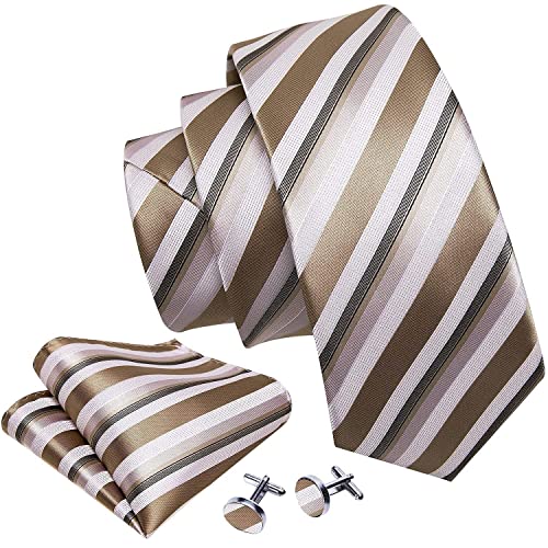 Image of Barry.Wang Man Stripe Ties Set Silk Woven Pocket Square Necktie Cufflinks Formal Party Business
