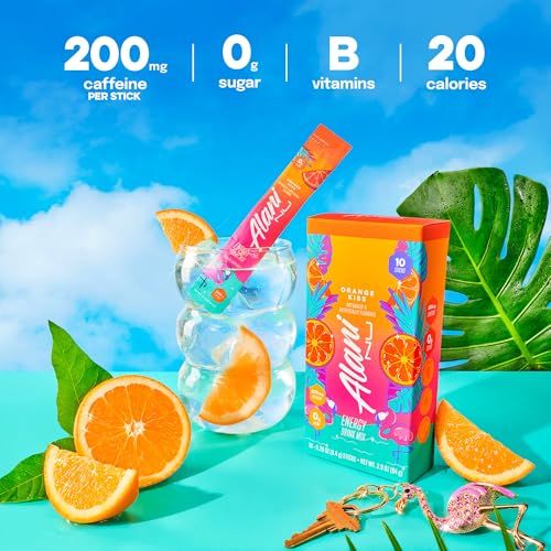 Image of Alani Nu ORANGE KISS Energy Sticks, Energy Drink Powder, 200mg Caffeine, Pre Workout Performance with Antioxidants, On-The-Go Drink Mix, Biotin, B Vitamins, Zero Sugar, 5-10 Calories, 10 Pack
