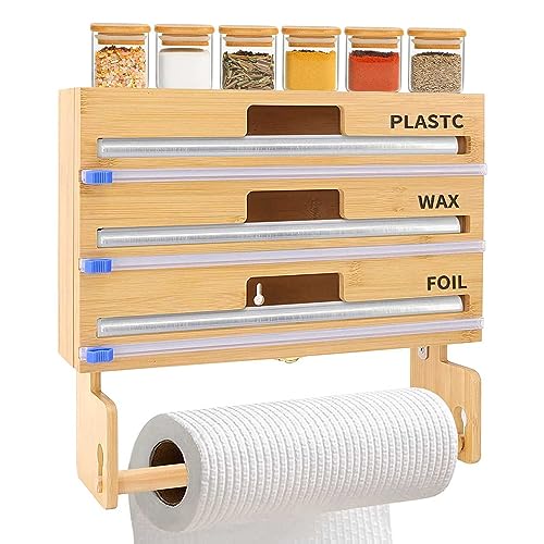 Dispensador Papel Aluminio y Film con Portarrollos Cocina y Cúter, Organizador Papel Aluminio y Film, Dispensador de Láminas 4 en 1,Dispensador Film Transparente