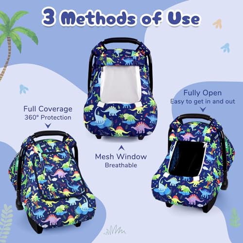 Image of Baby Car Seat Cover, Windproof Carseat Cover for Infant Boys, Infant Breathable Carseat Canopy, Compatible with Most Baby Car Seat, Dinosaur