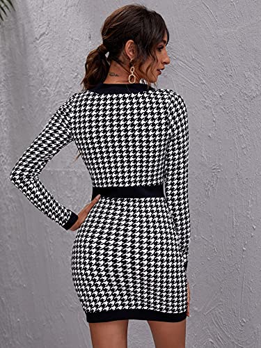 Makemechic Women's Houndstooth Long Sleeve Button Front High Waist Stretch Mini Bodycon Pencil Dress Black And White L #TOP1