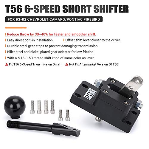 T56 6-Speed Short Throw Shifter w/Base Shift Knob Billet Compatible with Camaro/Firebird F-Body LS1 93-02 Black - Image 4