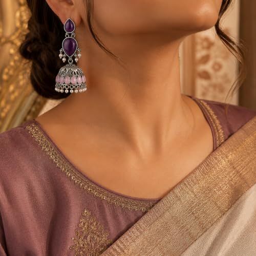 Image of Oxidised Silver Jhumka Earrings with Purple Stones, Pink Teardrop Accents and Pearl Drops