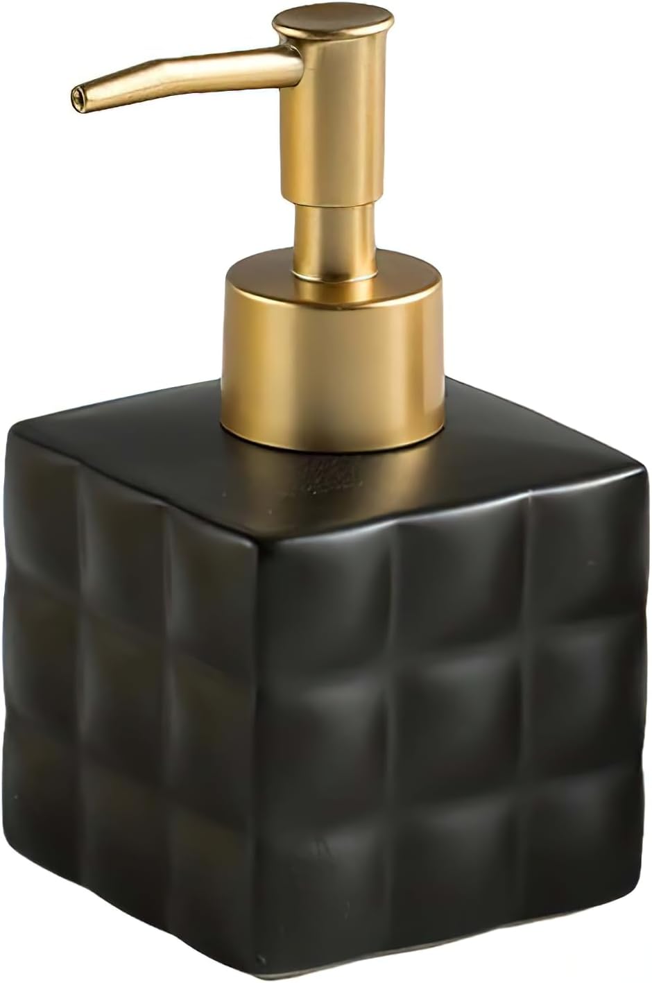 Dispensador de jabón negro y dorado, acabado mate de cerámica, diseño retro con base cuadrada para encimera de fregadero de baño, dispensador de