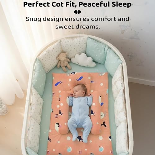 Image of StarAndDaisy Newborn Baby Bedding Nest 100% Cotton Cushioned Mattress Sheet with 2 Side Bolster Pillows & 1 Head Pillow Breathable & Soft Boys & Girl Design Shark Print